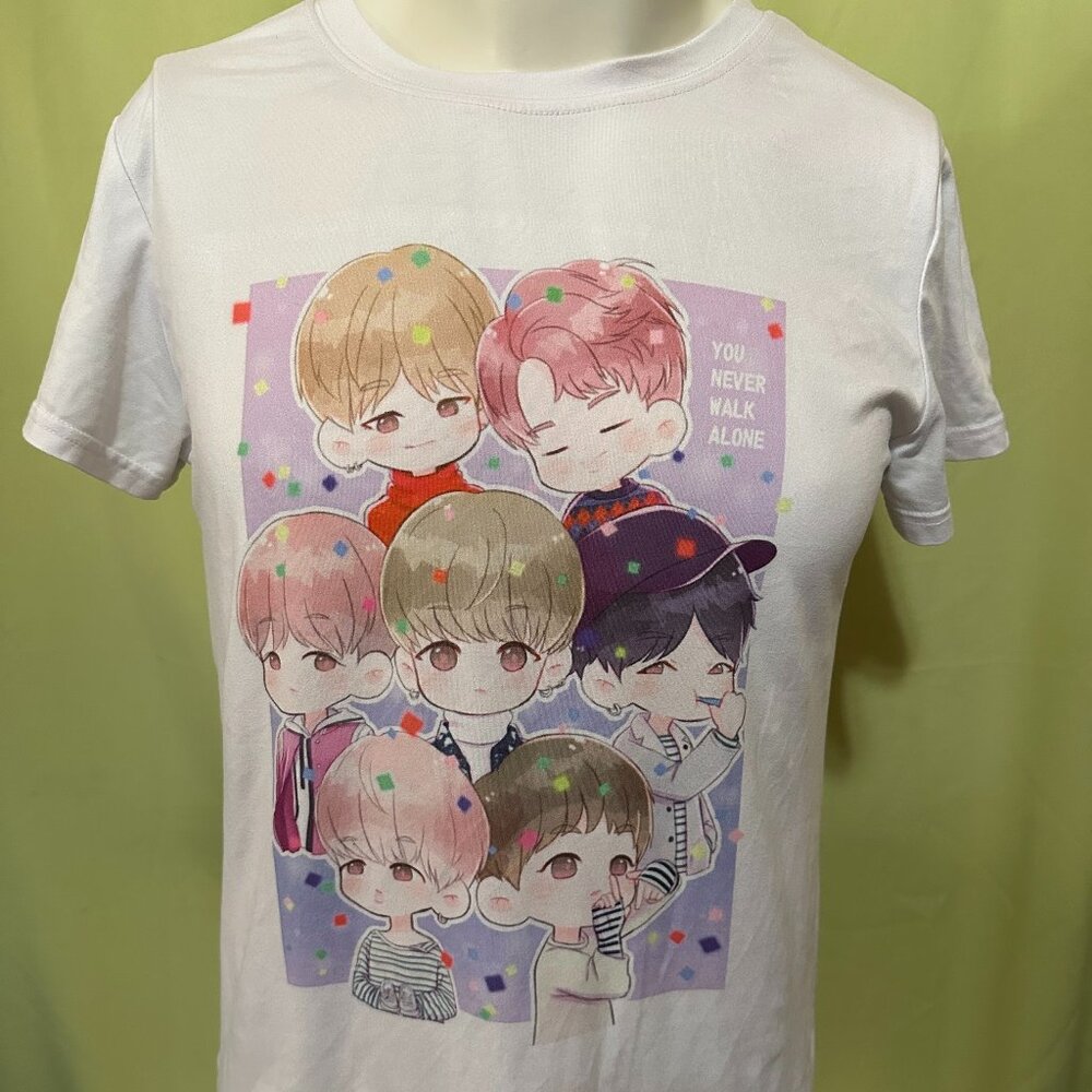 You Never Walk Alone BTS Caricatures Women's White T Shirt Small Cotton
